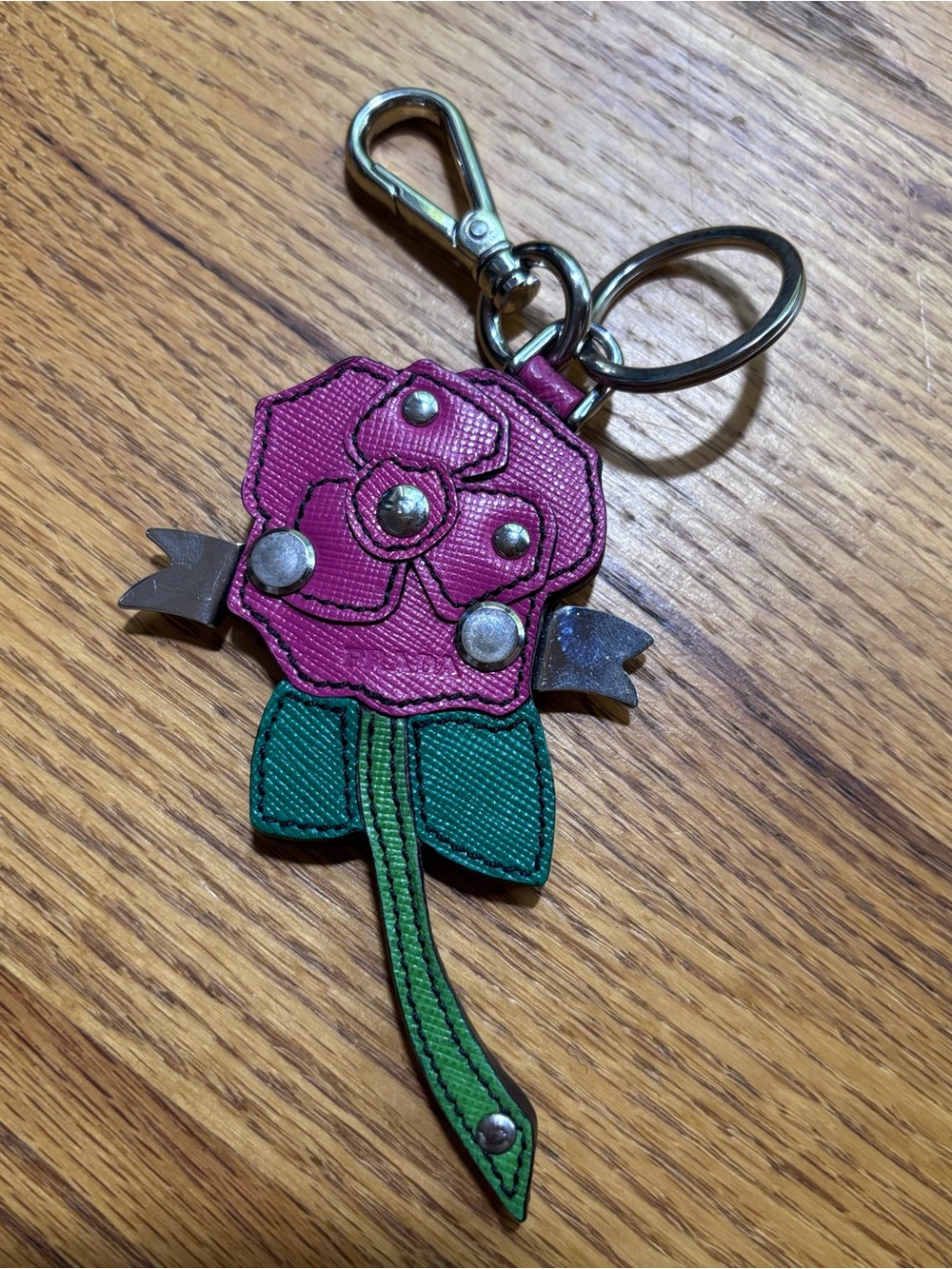 Prada Saffiano Leather Rose Bag Charm Keychain Pink Flower Authentic